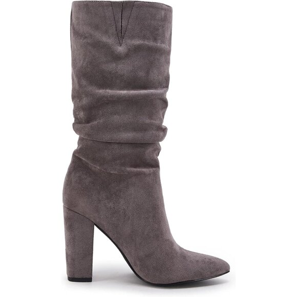 Women's Grey Suede Mid Calf High Slouchy Chunky Heel Block Pointed Toe Boots - Picture 6 of 7